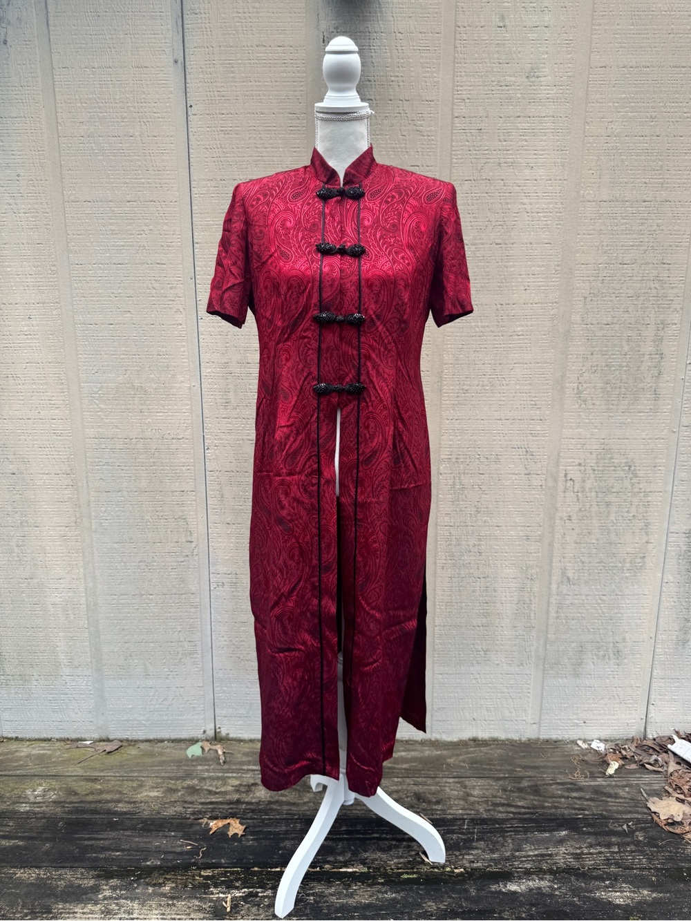 R&M Richards Y2K Red Paisley Mandarin Collar Long Short Sleeve Long Jacket